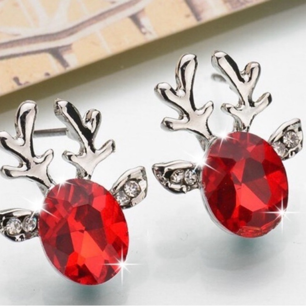 Silver & Red Crystal Reindeer Stud Earrings - Picture 3 of 8